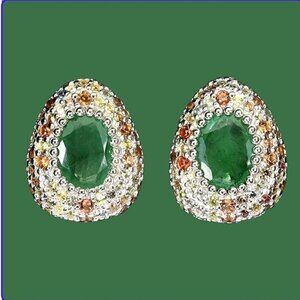 925 Sterling Silver Earrings with Natural Emerald & Sapphire Gems